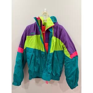 Vintage 90s Columbia Neon Colorblock Snow Jacket Hooded Whizbang Womens Sz M